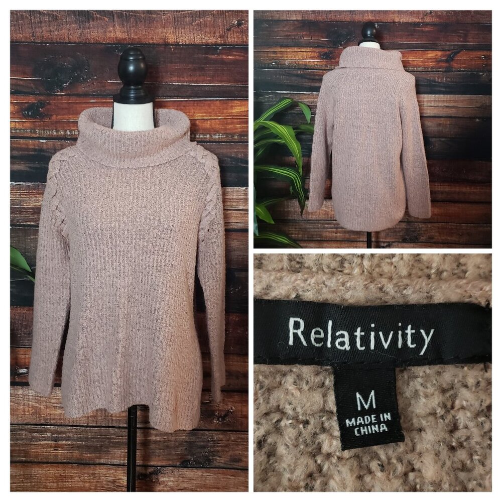 Relativity Sweater Cowl Turtleneck M Pink Soft Laced Shoulder Accents